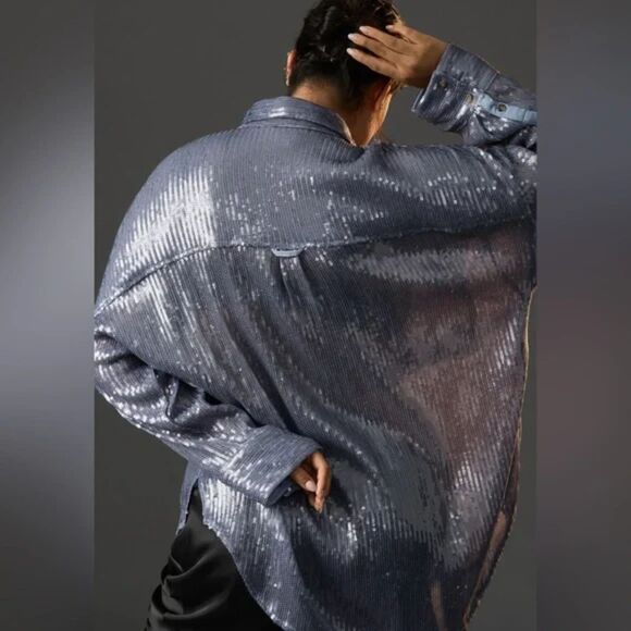 Anthropologie Pilcro Full Sequin Button Down Shirt - Blue M - Picture 4 of 11